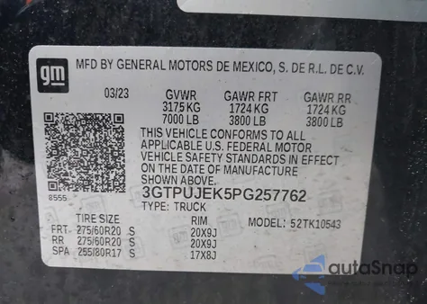 2023 GMC Sierra 1500 4Wd Short Box Elevation With 3Vl z USA, uszkodzony, nr VIN 3GTPUJEK5PG257762